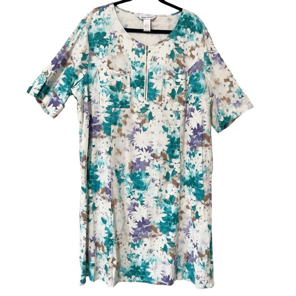 Drapers & Damons Women Linen Blend White Green Purple Floral Shift Dress Size 2X